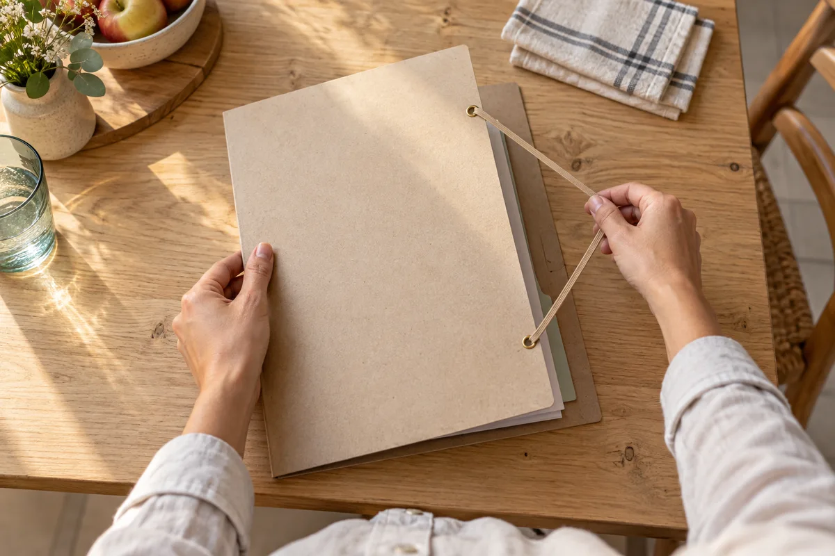 Mains ouvrant une chemise cartonnée à élastique sur une table de cuisine en bois clair