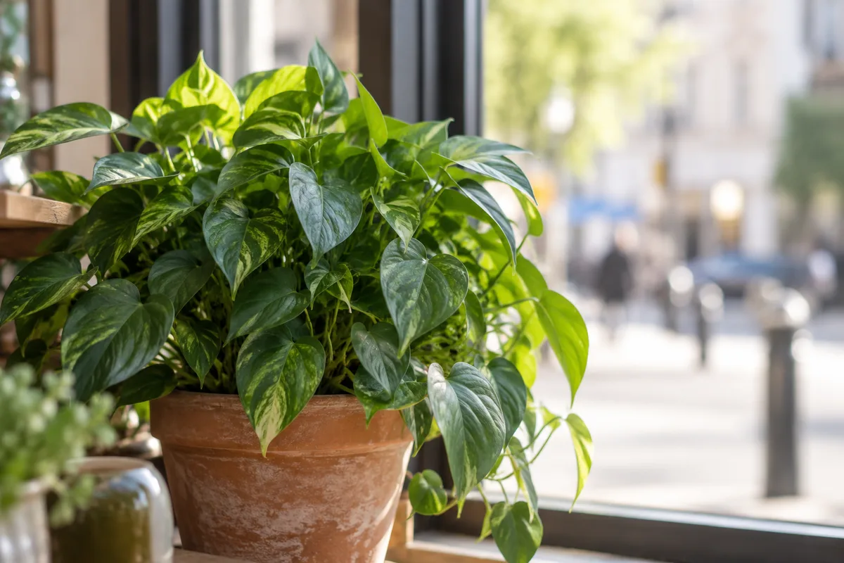 Plante verte en pot de terre cuite posée devant une fenêtre de boutique vue de l&rsquo;intérieur