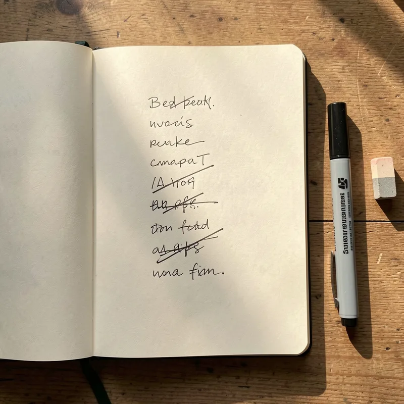Carnet ouvert couvert de candidats de noms manuscrits et raturés sur un bureau en bois
