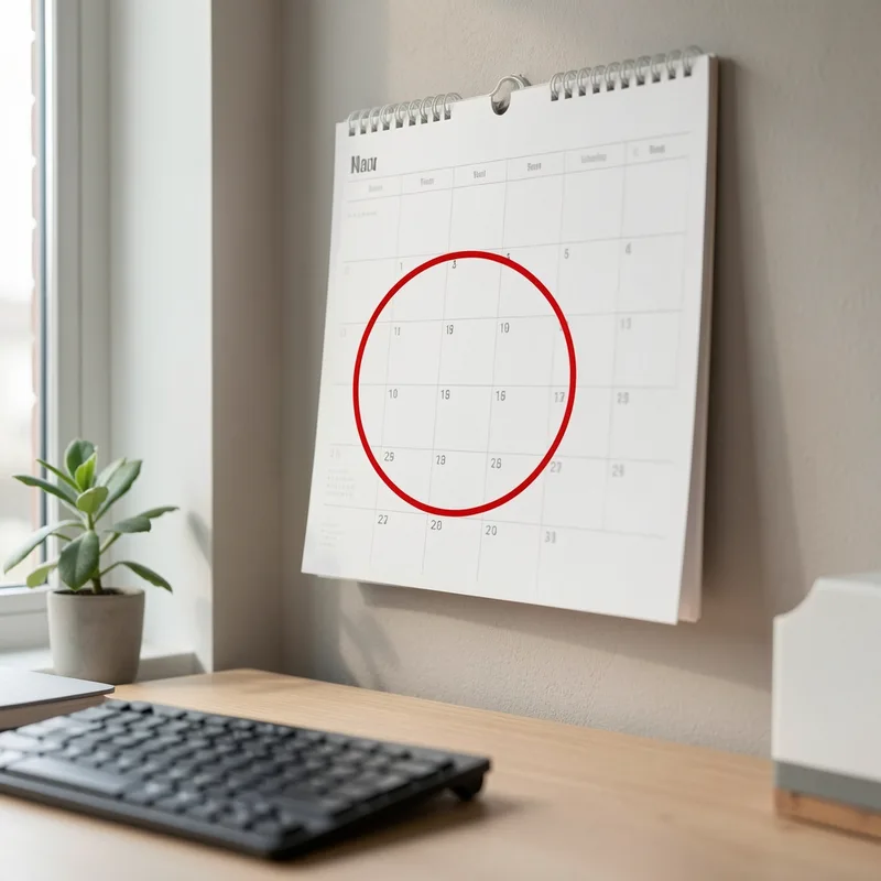 Calendrier mural avec une date entourée au marqueur rouge près d&rsquo;un poste de travail