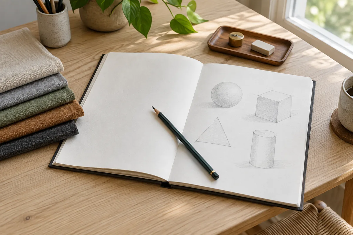 Carnet de croquis ouvert sur des formes géométriques tracées au crayon et échantillons de tissus unis