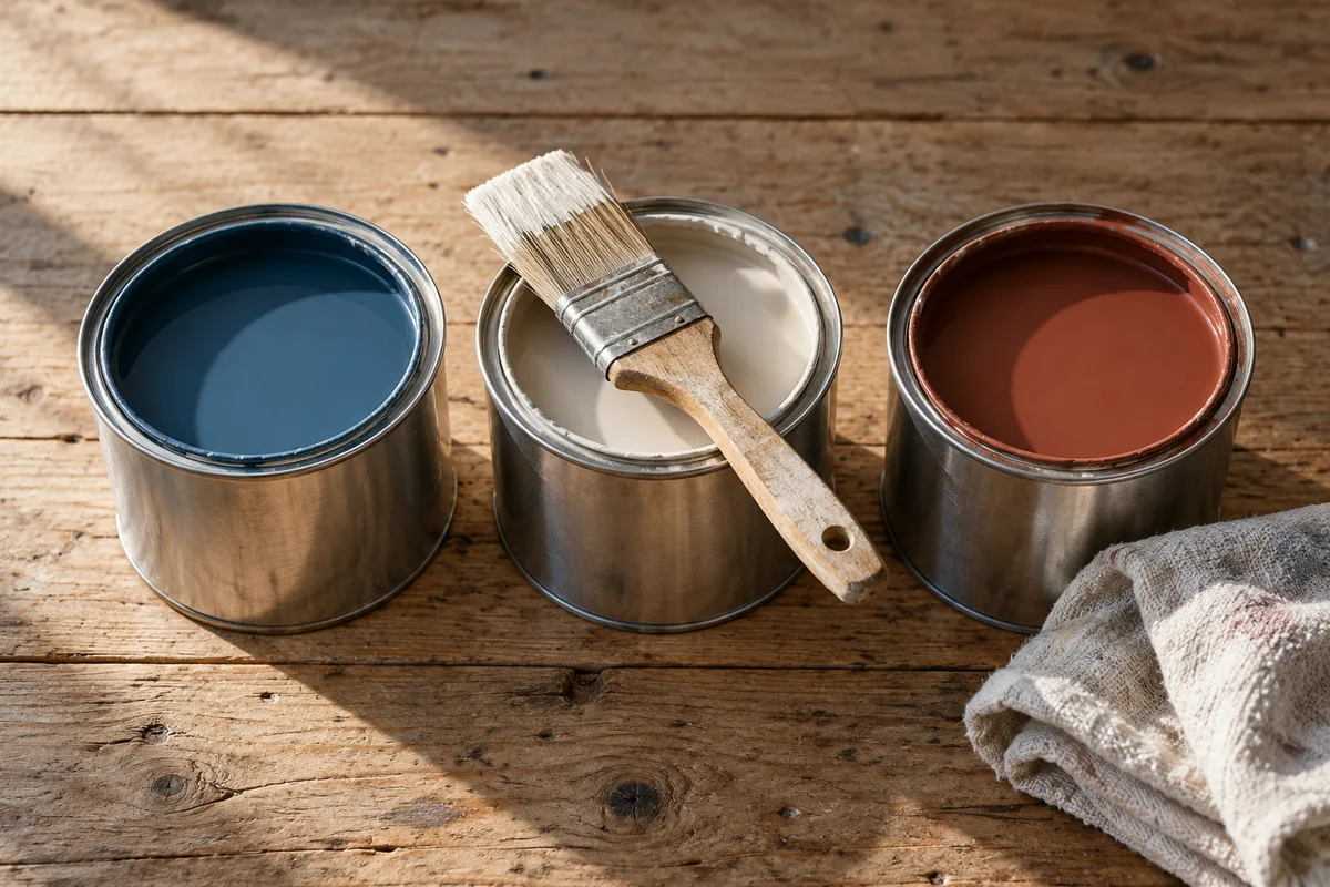 Trois pots de peinture ouverts de couleurs unies alignés sur une table en bois
