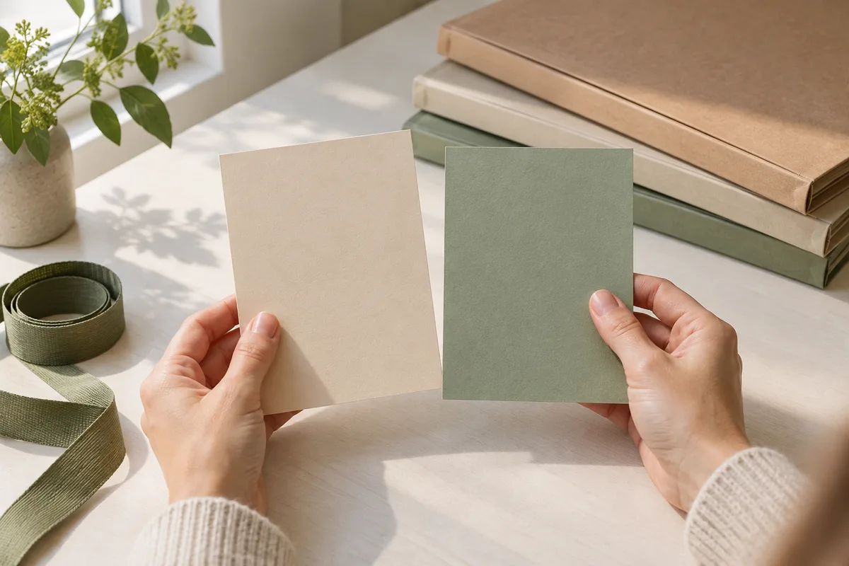 Mains comparant deux échantillons de papier de couleurs unies devant des chemises cartonnées