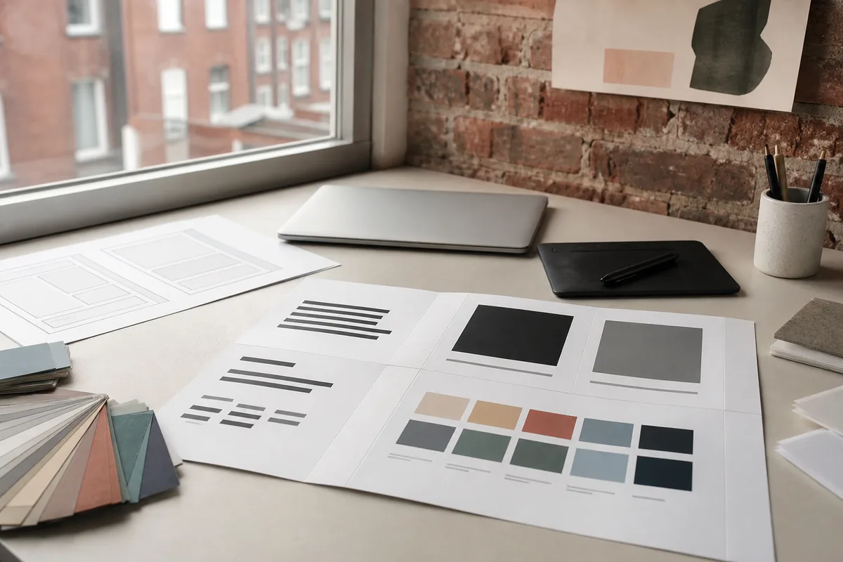 Planches de charte graphique dépliées avec nuancier de couleurs et échantillons typographiques