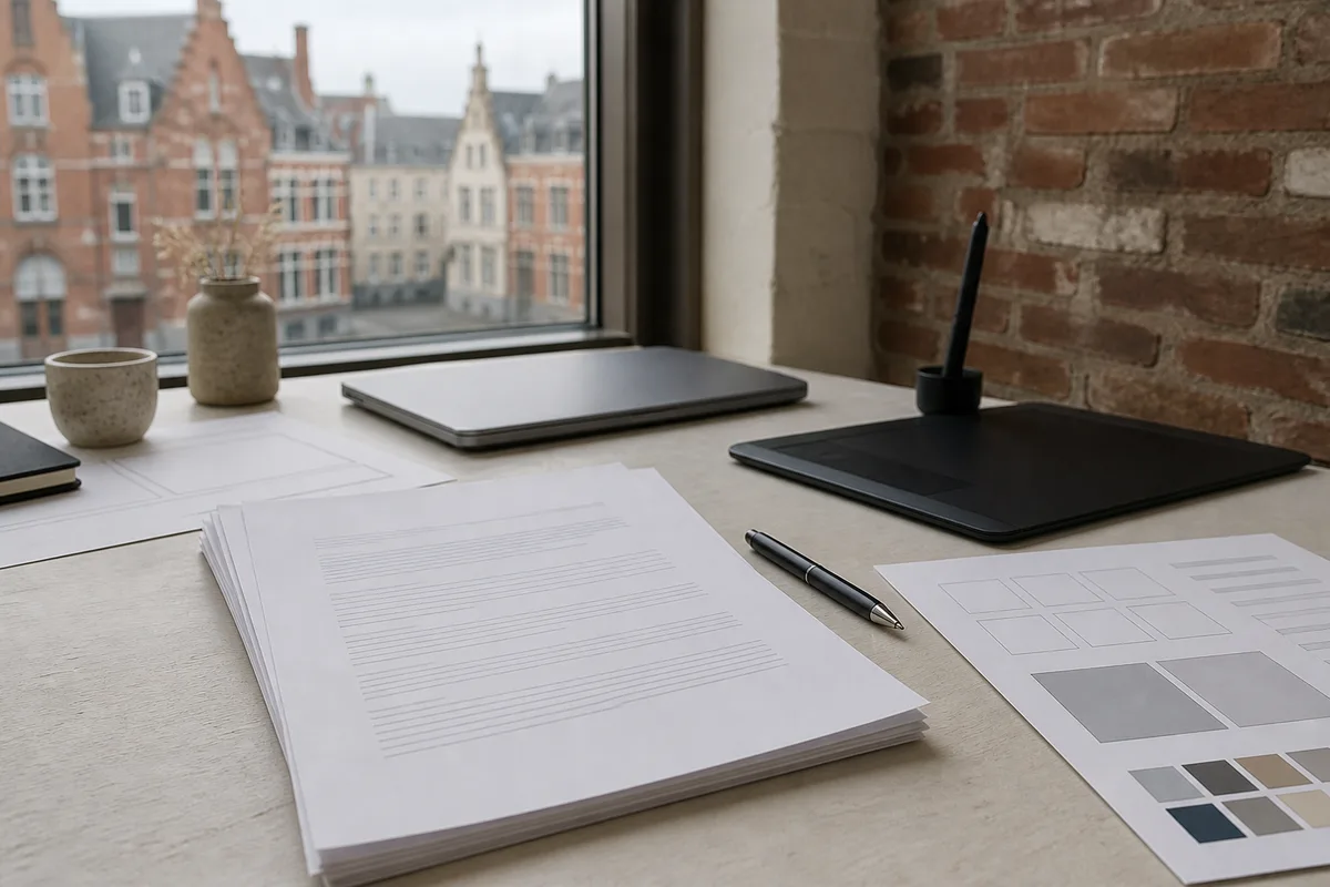 Contrat de cession de droits posé sur une table avec planche de logo et stylo