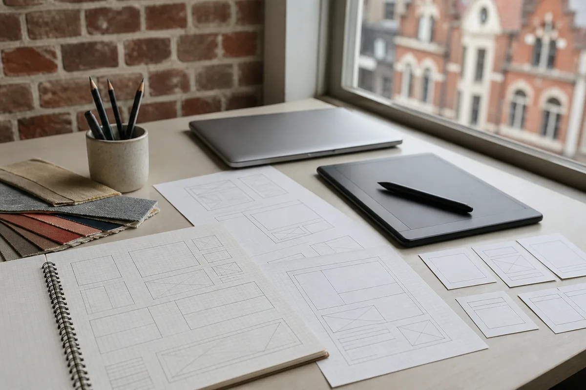 Croquis de gabarits de pages tracés au crayon sur des feuilles quadrillées