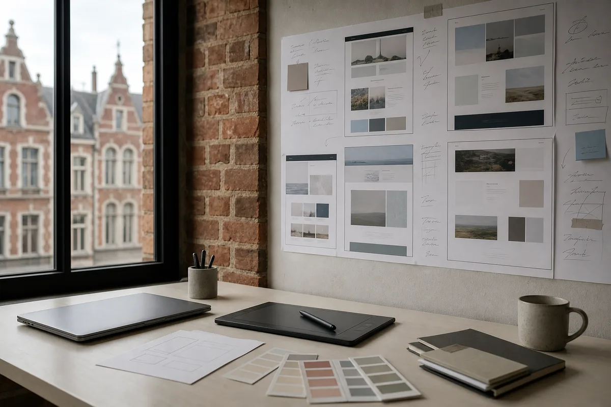 Écrans de sites web affichés côte à côte sur un mur de présentation avec des notes manuscrites