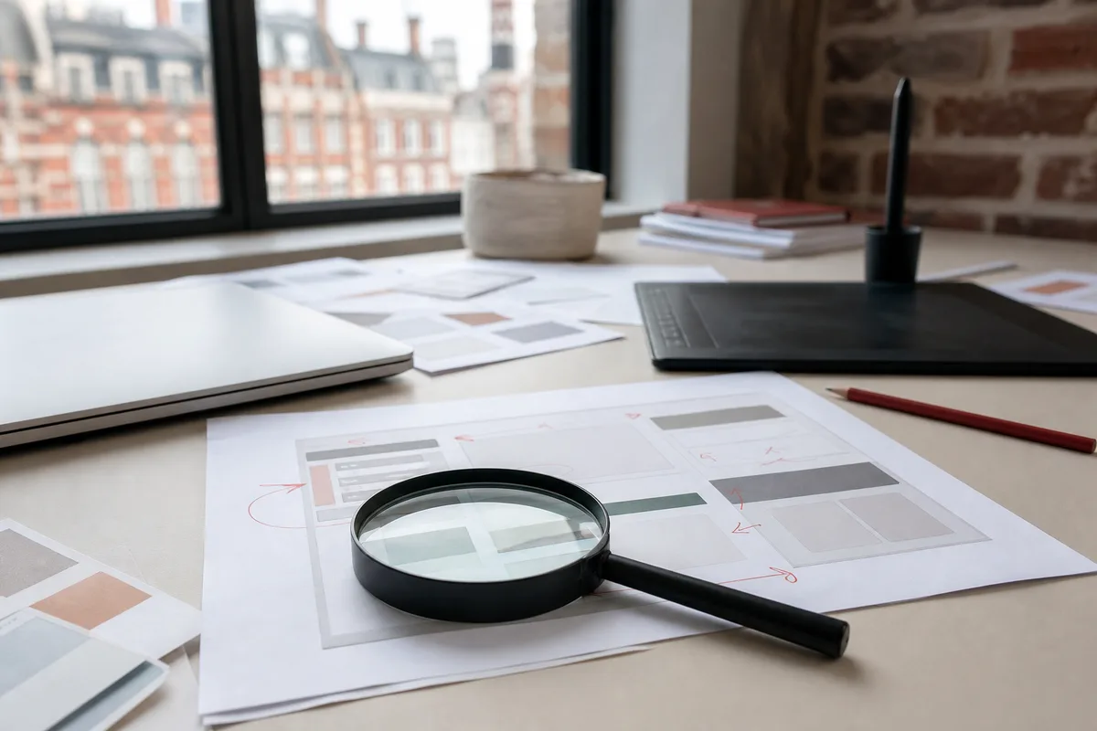 Loupe posée sur une page de captures de sites avec annotations au crayon rouge