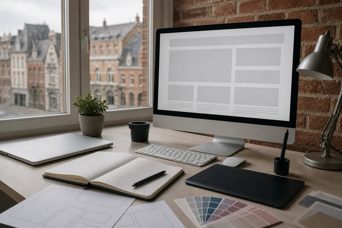 Écran affichant la structure d&rsquo;un site vitrine à côté d&rsquo;un carnet de notes et d&rsquo;un stylo