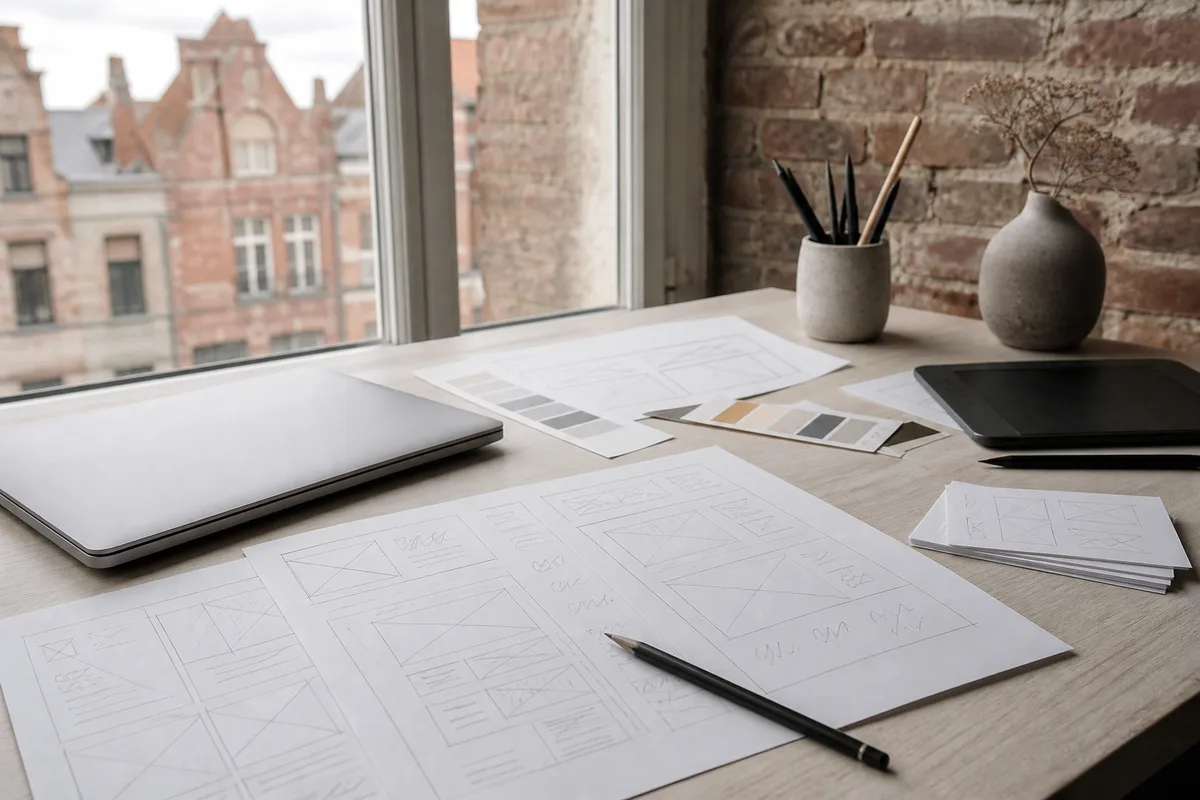 Croquis de gabarits de pages annotés au crayon sur une planche de travail